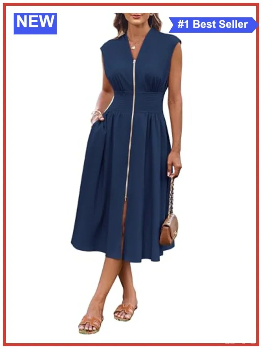 Womens Casual A-Line Midi Dress Sleeveless V-Neck Smocked Waist Pockets